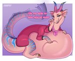 6_limbs belly big_belly female female_pred feral feral_pred fully_inside oral_vore simple_background smile soft_vore solo tail text vore compsy luck_(film) mythology babe_(luck) dragon mythological_creature mythological_scalie scalie digital_media_(artwork) english_text