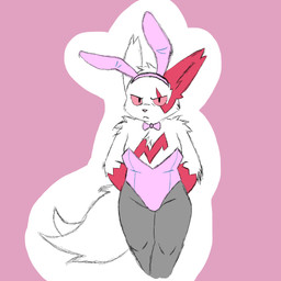anthro arm_tuft biped bunny_costume clothed clothing costume female flat_chested fluffy fluffy_tail fur grey_clothing grey_legwear legwear looking_at_viewer mouth_closed pink_background pink_nose rabbit_ears red_body red_eyes red_fur red_sclera shoulder_tuft simple_background solo standing tail tuft white_body white_fur rukakitsune game_freak nintendo pokemon generation_3_pokemon mammal pokemon_(species) zangoose 1:1 2026 absurd_res colored digital_drawing_(artwork) digital_media_(artwork) flat_colors hi_res