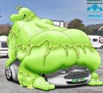 anthro butt car carpark crush heavy obese obese_anthro overweight overweight_anthro slime solo teasing text vehicle vehicles justmegabenewell sr71beta aston_martin slug_(justmegabenewell) gastropod mollusk slug hi_res url