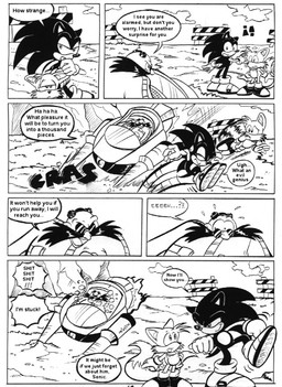 anthro cloud crash dialogue pointy_speech_bubble profanity smoke speech_bubble speedlines text ayamepso sega sonic_the_hedgehog_(series) dr._eggman miles_prower sonic_the_hedgehog canid canine eulipotyphlan fox hedgehog human mammal black_and_white comic digital_drawing_(artwork) digital_media_(artwork) english_text line_art monochrome