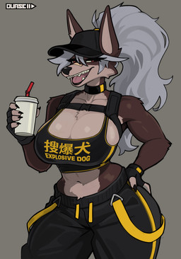 anthro band-aid band-aid_on_face band-aid_on_nose bandage bandage_on_face bandage_on_nose baseball_cap big_breasts bottomwear bra breasts cleavage_cutout clothing collar cutout fangs female grey_hair hair harness hat headgear headwear midriff pants red_eyes sharp_teeth simple_background solo sports_bra teeth text underwear wide_hips duase zinny_(duase) canid canine canis mammal wolf hi_res translation_check translation_request