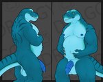 anthro anus balls belly big_belly blue_body blue_nipples blue_penis bodily_fluids claws countershade_face countershade_torso countershading cum cum_drip dripping front_view genital_fluids genitals hand_on_belly holding_belly leaking leaking_cum leaking_precum long_tail looking_at_viewer male muscular muscular_anthro muscular_male navel nipples nude overweight overweight_anthro overweight_male pecs penis precum precum_drip side_view simple_background smile solo standing striped_body stripes tail text yellow_eyes drake1dragon dragomar humanoid lizard reptile scalie 5:4 digital_media_(artwork) hi_res