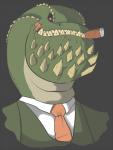 ambiguous_gender anthro cigar clothed clothing looking_at_viewer necktie simple_background smoking solo suit mcmr_(pixiv) capcom monster_hunter brute_wyvern deviljho scalie 2010 bust_portrait portrait