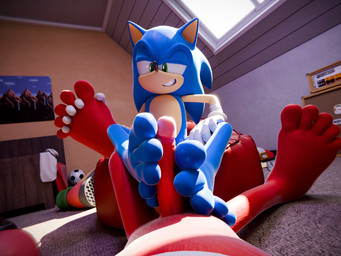 anthro blue_body clothing duo feet foot_fetish foot_play footjob genitals gloves handwear male male/male penis red_body sex smile feetymcfoot sega sonic_the_hedgehog_(series) knuckles_the_echidna sonic_the_hedgehog echidna eulipotyphlan hedgehog mammal monotreme 3d_(artwork) digital_media_(artwork) hi_res