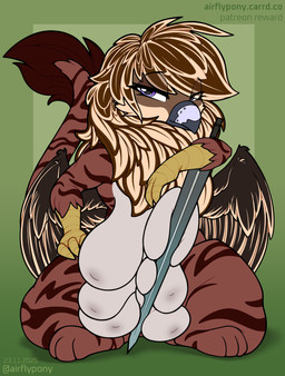 6_breasts breasts feather_hair feathered_wings feathers female fluffy fluffy_chest hand_on_hip looking_at_viewer melee_weapon multi_breast pseudo_hair sitting sword weapon wings airfly-pony mythology avian gryphon mythological_avian mythological_creature 2025 digital_media_(artwork) hi_res