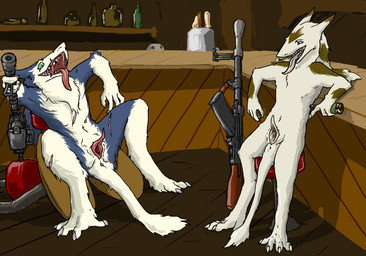 anus assault_rifle bar bottle claws clitoral_hood clitoris container drunk duo female female/female genitals green_eyes gun kord_gun nude prehensile_clitoral_hood pupils ranged_weapon rifle scar slit_pupils spread_legs spreading substance_intoxication tail teeth toe_claws tongue tongue_out vulva weapon araelkins cheren sharah mammal sergal