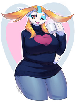 anthro big_breasts blonde_eyebrows blonde_hair blue_eyes bottomwear breasts clothing container cup denim denim_bottomwear denim_clothing eyebrows female hair heart_background heart_clothing heart_symbol holding_container holding_cup holding_mug holding_object horn huge_breasts jeans looking_at_viewer markings mug one_eye_closed open_mouth pants simple_background smile solo sweater teeth_showing thick_thighs topwear turtleneck wide_hips wink winking_at_viewer yellow_eyes lunaris21 mythology aijou dragon jou mythological_creature mythological_scalie scalie 2016 hi_res