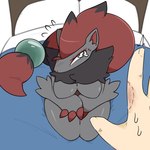 ambiguous_gender anthro bed bite_mark bodily_fluids breasts crying duo featureless_breasts female first_person_view fur furniture grey_body grey_fur human_pov kneeling on_bed pov_hands red_body red_fur tears svkhaiminh nintendo pokemon generation_5_pokemon human mammal pokemon_(species) zoroark 1:1 hi_res