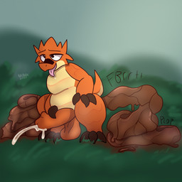 anthro big_penis crouching feces genitals lidded_eyes looking_pleasured looking_up male onomatopoeia orange_body penis pooping_on_grass slightly_chubby solo sound_effects text tongue tongue_out kais_studios atlyss kubold_(atlyss) 1:1 2024 hi_res