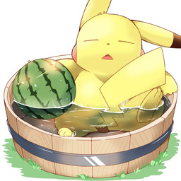 3_toes ambiguous_gender dipstick_ears ear_markings feet food fruit fur melon multicolored_ears open_mouth partially_submerged plant sleeping solo toes water watermelon yellow_body yellow_fur tatu_wani nintendo pokemon generation_1_pokemon pikachu pokemon_(species) 1:1 2021 absurd_res hi_res