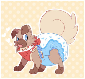 ambiguous_gender big_diaper blush blush_lines border brown_body brown_fur clean_diaper clothed clothing curled_tail diaper dotted_background feral floppy_ears fur gloves_(marking) heart_symbol kerchief looking_back markings neckerchief neckwear open_mouth open_smile pattern_background pink_inner_ear pink_nose red_kerchief red_neckerchief side_view simple_background smile snaggle_tooth solo tail tan_body tan_fur tan_tail wearing_diaper white_border yellow_background jupiters nintendo pokemon rocky_the_rockruff generation_7_pokemon pokemon_(species) rockruff full-length_portrait hi_res portrait