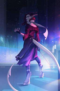 big_ears clothed clothing female female_humanoid grey_eyes hair holding_melee_weapon holding_object holding_sword holding_weapon humanoid_pointy_ears melee_weapon mouth_closed night outside pointy_ears red_hair solo standing sword tail text weapon plgdd unknowhiter humanoid 2024 artist_name dated hi_res