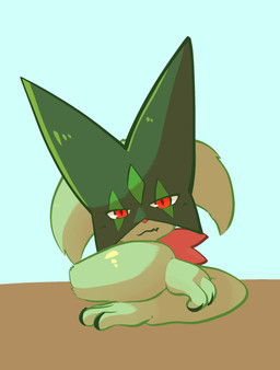 3_fingers ambiguous_background ambiguous_gender anthro blue_background claws facial_markings finger_claws fingers flower_(anatomy) fur green_body green_fur green_mask head_markings jagged_mouth leaf_(anatomy) markings mask pupils red_eyes simple_background slit_pupils solo white_sclera momensarada nintendo pokemon generation_9_pokemon meowscarada pokemon_(species) 2023 colored hi_res portrait