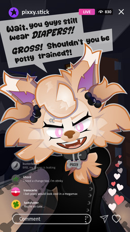 alternative_fashion anthro collar eyebrow_piercing facial_piercing female goth livestream looking_at_viewer piercing solo speech_bubble teasing text tongue tongue_piercing pixxystick canid canine mammal mixed_breed pomsky english_text