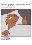 ambiguous_gender anthro bed dialogue furniture hospital_bed humor orange_body orange_scales scales simple_background solo text yellow_eyes lizardanon i_lived_bitch_(meme) meepo kobold scalie comic english_text hi_res meme shaded simple_shading