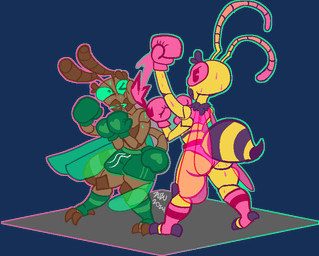 4_arms ambiguous_gender antennae_(anatomy) anthro arthropod_abdomen back_wings bodily_fluids boxing duo face_punch fight green_sclera male multi_arm multi_limb pink_sclera punch saliva sport sweat uppercut wings zuzu_bug anthony_(zuzu) xwenny_(zuzu) ant arthropod hymenopteran insect wasp alpha_channel