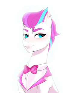 black_tie_(suit) bloom blue_eyes blush bow_(feature) bow_tie clothing ear_piercing female feral hair multicolored_hair piercing purple_hair simple_background smile solo suit two_tone_hair white_background aztrial hasbro mlp_g5 my_little_pony zipp_storm_(mlp) equid equine mammal absurd_res hi_res portrait