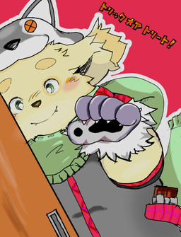animal_hood anthro bared_fangs biped blush claws fangs finger_claws fur green_eyes kemono looking_at_viewer male overweight overweight_anthro overweight_male solo teeth text yellow_body yellow_fur toru-kun lifewonders tokyo_afterschool_summoners cu_sith_(tas) canid canine canis domestic_dog mammal 2017 hi_res japanese_text