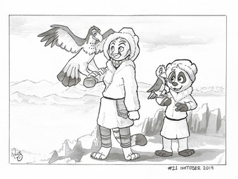 ambiguous_feral ambiguous_gender anthro barefoot closed_smile clothed clothing coat feet female female_anthro feral front_view group head_tuft logo male male_anthro mountain mouth_closed narrowed_eyes open_mouth open_smile outside sky smile standing topwear tuft young young_anthro young_feral young_male pandapaco parinton avian bear felid giant_panda mammal 2019 artist_logo dated monochrome signature traditional_media_(artwork)