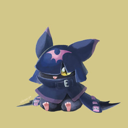 anthro black_body black_fur cloak clothing cowl fur male pupils sitting solo unusual_pupils wings yellow_eyes shirorisu_p bandai_namco digimon digimon_beatbreak chiropmon digimon_(species) 1:1 hi_res
