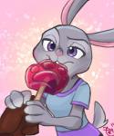 abstract_background anthro clothed clothing disembodied_hand duo eating first_person_view food fully_clothed fur grey_body grey_fur holding_food holding_object naughty_face pawpsicle pink_nose popsicle purple_eyes suggestive m_it disney zootopia judy_hopps lagomorph leporid mammal rabbit 2018 5:6 hi_res