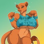 2020 5_fingers anthro anthrofied big_breasts bottomless bottomless_anthro bottomless_female breasts claws clothed clothing digital_media_(artwork) disney felid female finger_claws fingers geeflakes gradient_background green_eyes hi_res huge_breasts lion mammal mostly_nude nala_(the_lion_king) navel one_eye_closed pantherine portrait shirt simple_background solo sweatband text text_on_clothing text_on_shirt text_on_topwear the_lion_king thick_thighs three-quarter_portrait topwear under_boob wide_hips yellow_sclera