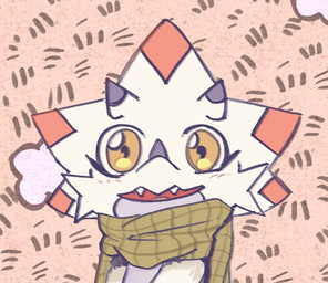 blush horn looking_at_viewer male open_mouth open_smile scarf smile solo white_body yellow_eyes yogurtpubes bandai_namco digimon digimon_(species) gammamon