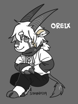 anthro bottomwear chibi closed_smile clothed clothing ears_back glistening glistening_eyes hair hand_in_pocket hooves horn inner_ear_fluff male messy_hair mouth_closed no_pupils pants pivoted_ears pockets ponytail short_hair simple_background sitting smile solo three-quarter_view topwear tuft asnnonaka oreix_(asnnonaka) 3:4 full-length_portrait portrait signature spot_color