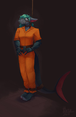 5_toes anthro barefoot bdsm bodily_fluids bondage bound clothed clothing crying cuff_(restraint) feet fully_clothed handcuffs humanoid_feet imminent_death jumpsuit leather leather_cuffs looking_at_viewer male metal_cuffs muzzle_(object) plantigrade prison_uniform prisoner restraints rope rope_bondage solo submissive submissive_male tears toes lil_beetle smitty_(smitty_the_shark) aquatic fish shark absurd_res hi_res