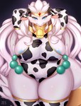 animal_print anthro areola areola_slip big_breasts blue_areola blue_eyes blue_nipples blush breasts clothed clothing cow_print cowbell crown curvy_figure fake_ears fake_horns female fur gem hair hands_behind_head headgear looking_at_viewer nipple_slip nipples overweight raised_arm solo standing thick_thighs tiara voluptuous white_body white_fur wide_hips shibaemonxsk mythology nintendo pokemon verity_(e1lumi) dragon generation_5_pokemon legendary_pokemon mythological_creature mythological_scalie pokemon_(species) reshiram scalie hi_res portrait three-quarter_portrait