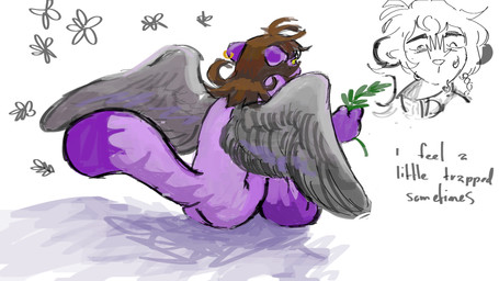 anthro brown_hair collar fur grey_wings hair jewelry looking_away male plant purple_body purple_fur scribbles simple_background sitting sketchy solo white_background wings engelstrompete domestic_cat felid feline felis mammal 16:9 hi_res widescreen