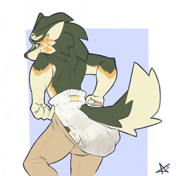 4_fingers anthro anthrofied blush blush_lines bottomwear bottomwear_pull clothed clothing clothing_pull diaper dressing dressing_self embarrassed facial_markings feces fingers fur green_body green_fur green_tail grey_nose head_markings looking_back male markings multicolored_body multicolored_fur orange_body orange_fur pants pants_pull simple_background smile soiled_diaper soiling solo standing tail tan_body tan_bottomwear tan_clothing tan_fur tan_inner_ear tan_pants tan_tail topless topless_male two_tone_tail unclean_diaper used_diaper wearing_diaper white_diaper bbawua nintendo the_legend_of_zelda link_(wolf_form) canid canine canis mammal wolf 2025 hi_res signature story story_in_description