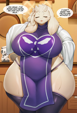 anthro big_breasts biped blush bodily_fluids breasts clothed clothing dialogue ellipsis eyebrows female fingers front_view fur horn huge_breasts huge_hips huge_thighs mature_anthro mature_female open_mouth overweight overweight_anthro overweight_female skimpy solo speech_bubble standing sweat text thick_thighs white_body white_fur wide_hips mleonheart undertale_(series) toriel bovid caprine goat mammal 2025 english_text hi_res