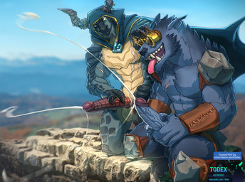 anthro balls big_penis bodily_fluids cum cumshot duo ejaculation erection genital_fluids genitals glans group_masturbation horn humanoid_genitalia humanoid_penis kneeling male masturbation muscular muscular_male nude outside penile penile_masturbation penis scar vein veiny_penis todex blizzard_entertainment warcraft canid drakonid mammal werecanid werecreature worgen hi_res