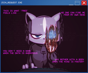 4_fingers alternative_fashion anthro background_text blue_eyes bluescreen bow_ribbon breasts clothing computer_screen depression dialogue eye_wound female fingers fur gore goth hoodie keyboard light purple_body purple_fur self-harm snout solo text thoughts topwear e254e aggretsuko sanrio shikabane_(aggretsuko) mammal mephitid skunk absurd_res hi_res lighting