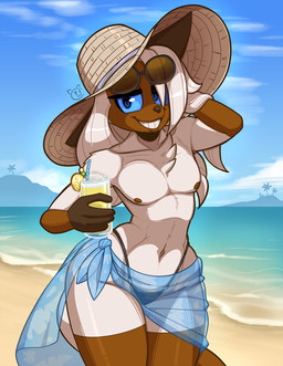 andromorph anthro beach beverage bikini bikini_bottom blue_eyes blue_sclera blue_sky bottomwear brown_body brown_fur brown_nipples chest_tuft clothed clothing cloud container crossdressing cup eyewear eyewear_on_head fingers flat_chested fur gloves_(marking) hair hair_over_eye hand_behind_head hat headgear headwear holding_beverage holding_container holding_cup holding_object intersex leg_markings long_hair looking_at_viewer markings navel nipples sarong sky smile smiling_at_viewer socks_(marking) solo sun_hat sunglasses sunglasses_on_head swimwear tail thong translucent translucent_bottomwear translucent_clothing tuft two-piece_swimsuit underwear wearing_sunglasses white_body white_fur white_hair conditional_dnp teckworks percy_(teckworks) domestic_cat felid feline felis mammal siamese_cat 2025 digital_media_(artwork)