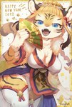 anthro asian_clothing blue_eyes breasts cleavage clothed clothing east_asian_clothing fangs female female_anthro folding_fan holidays kemono open_mouth solo teeth white_body mabo_(artist) chinese_zodiac new_year new_year_2022 year_of_the_tiger felid mammal pantherine tiger 2022