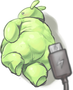 ambiguous_gender antennae_(anatomy) belly big_belly blush butt depth_of_field green_body looking_back lying machine mascot on_side overweight simple_background solo suggestive thick_thighs usb_cable white_background white_eyes bernado_alte android_(os) google bugdroid android humanoid robot robot_humanoid hi_res