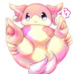 ambiguous_gender anthro featureless_crotch glistening glistening_eyes overweight overweight_ambiguous overweight_anthro question_mark simple_background smile solo spread_legs spreading submissive kuma25-ya nintendo pokemon audino generation_5_pokemon mammal pokemon_(species) 1:1