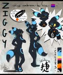 anthro clothing cocky cocky_smile collar embarrassed jacket male pose solo standing text topwear titallulah dragon_ball nintendo pokemon eeveelution generation_2_pokemon pokemon_(species) shiny_pokemon umbreon absurd_res english_text hi_res model_sheet