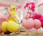 anthro anthrofied big_breasts big_butt bottomless breasts butt clothed clothing crouching duo female hair huge_butt kneeling looking_back pink_body pink_hair thick_thighs yellow_body floppyhuman friendship_is_magic hasbro my_little_pony fluttershy_(mlp) pinkie_pie_(mlp) equid equine mammal 3d_(artwork) absurd_res digital_media_(artwork) hi_res