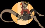 abstract_background anthro big_ears breasts brown_body female gold_(metal) gold_jewelry jewelry pirate pirate_hat sitting solo tail firetally milanna_(creature71) reptile scalie 16:10 2021 widescreen