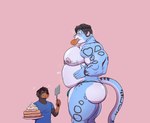 5_fingers anthro belly big_belly big_butt big_moobs big_muscles big_pecs black_body black_fur black_hair bloated blue_body blue_clothing blue_fur blue_shirt blue_t-shirt blue_thong blue_topwear blue_underwear blush brown_body brown_fur brown_hair bulge butt clothing dairy_products duo fingers food food_fetish food_in_mouth fur hair hand_on_belly hand_on_side holding_object holding_spatula holding_tool huge_belly looking_at_another looking_down looking_down_at_self macro male moobs motion_lines multicolored_body multicolored_fur musclegut muscular muscular_anthro muscular_male nipples pancake pecs pink_background pink_inner_ear pink_nipples shirt simple_background spatula spots stuffing t-shirt thick_thighs thong tools topwear two_tone_body two_tone_fur underwear weight_gain whipped_cream white_belly yellow_eyes jeffieb19 jeff_(jeffieb19) pan_(sxfpantera) canid canine canis dobermann domestic_dog felid mammal pantherine pinscher snow_leopard watermark