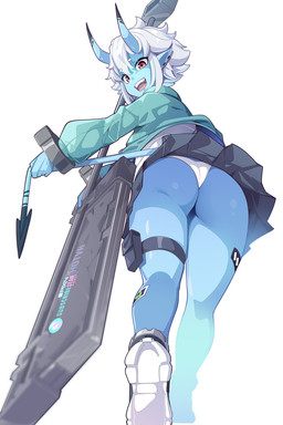 blue_body bottomwear butt clothed clothing coat ear_piercing fangs female footwear grabbing_own_tail hair holding_object holding_weapon horn humanoid_pointy_ears low-angle_view melee_weapon not_furry open_mouth panties piercing pointed_tail pointy_ears rear_view red_eyes shoes simple_background skirt smile solo tail teeth topwear underwear upskirt weapon white_background white_clothing white_hair white_panties white_underwear worm's-eye_view hotvr_(artist) asian_mythology east_asian_mythology japanese_mythology mihoyo mythology zenless_zone_zero soukaku demon horned_humanoid humanoid oni yokai 2024 2:3 digital_drawing_(artwork) digital_media_(artwork) hi_res