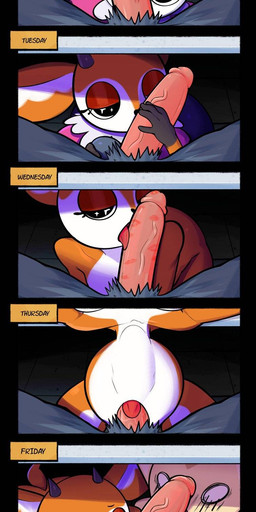 anthro biped black_body black_fur blush erection female fingers fur genitals group hollow_eyes humanoid_genitalia humanoid_penis licking male male/female multicolored_body open_mouth oral oral_penetration orange_body orange_fur orange_tail penetration penile penile_penetration penis penis_lick sex tail text tongue trio white_body white_eyes ghozt aggretsuko sanrio fenneko tsunoda_(aggretsuko) canid canine deer fennec_fox fox mammal true_fox comic english_text hi_res