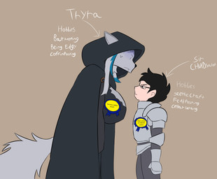 anthro armor black_hair blue_hair blush blush_lines bodily_fluids breasts clothing directional_arrow duo ears_up eye_contact eyewear female female_anthro fur gauntlets glasses gloves grey_body grey_fur grey_hair hair handwear human_on_anthro interspecies looking_at_another male male_human robe sweat sweatdrop tail text wearing_glasses gorgonwriting chudjak canid canine canis human mammal wolf absurd_res hi_res meme