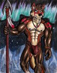 anthro aurora_(phenomenon) bottomwear bulge chalk_pastel clothing cold loincloth male markings melee_weapon mountain muscular muscular_anthro muscular_male northern polearm scar solo spear tattoo torik tribal weapon silverferak canid canine canis mammal wolf traditional_media_(artwork)