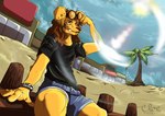 anthro beach bottomwear clothing eyewear eyewear_on_head glasses glasses_on_head hand_on_head male relaxing round_glasses seaside shirt shorts solo topwear cloe_(artist) dusty_(princedusty) canid canine canis domestic_dog mammal