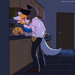 anthro appliance black_bottomwear black_clothing black_ears black_pants blush bottomwear brown_body brown_fur clothing door duo female floor fur grey_tail kissing larger_male male markings orange_body orange_fur pants romantic romantic_couple shirt sitting size_difference smaller_female standing stove striped_markings striped_tail stripes tail tail_markings tile tile_floor topwear underbite white_clothing white_ears white_shirt white_topwear sintastein aggretsuko sanrio haida_(aggretsuko) retsuko ailurid hyena mammal red_panda spotted_hyena 1:1 2018 hi_res
