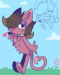 anthro blep blowing_kiss brown_body brown_fur cloud collar eyes_closed featureless_chest female fur glistening_eyelids grass hair hair_over_eye heart_symbol lidded_eyes one_eye_obstructed outside plant purple_body purple_fur solo tongue tongue_out graskip the_fuzzy_princess queen_felicia domestic_cat felid feline felis mammal 2022 aliasing digital_drawing_(artwork) digital_media_(artwork)